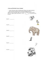 English worksheet: match the Animals  and sounds - Litening Activity 