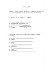 English worksheet: NATIONALITIES EXAM