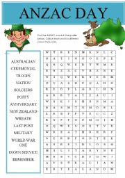 English Worksheet: Anzac Day find a word (Part 2- Anzac worksheets)