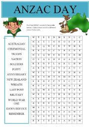 Anzac Day find a word (Part 2- Anzac worksheets)