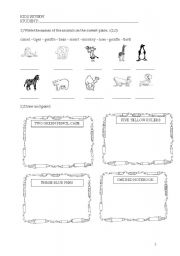 English worksheet: Exerccio de reviso - Animals, colors and school objects