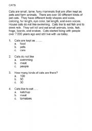 English worksheet: CATS - 5th IN SERIES OF COMPREHENSION FOR THE VERY YOUNG