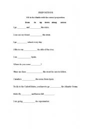 English worksheet: Prepositions - Up , Down, From, To, Across, Along