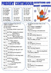 English Worksheet: PRESENT CONTINUOUS (3) QUESTIONS AND SHORT ANSWERS