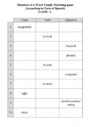 English worksheet: Parts of speech matching game