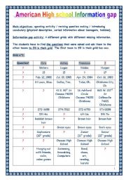 Speaking lesson = American High School INFORMATION GAP activity (TEAM GAME) (6 pages, with KEY)