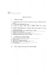 English Worksheet: Matter and Changes