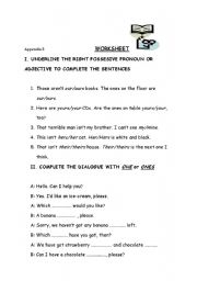 English worksheet: possessive pronouns & one-ones