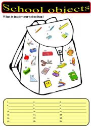 English Worksheet: What is inside your schoolbag? - School objects.