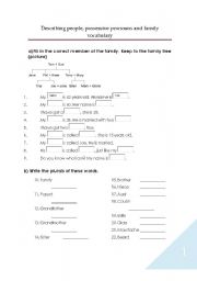 English worksheet: describing people, possesive pronouns and family vocabulary