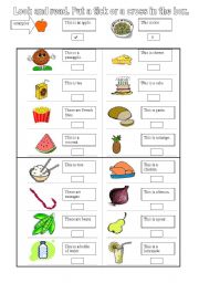 Food - Look and read. Put a tick or a cross in the box. 