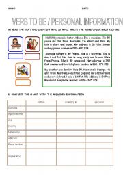 English Worksheet: VERB TO BE/ PERSONAL INFORMATION