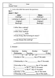 English worksheet: likes +doesnt like+days of the week