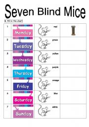 English Worksheet: Seven Blind Mice + Days of the week + color
