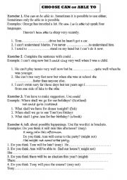 English Worksheet: Coose Can/Could or Be able to