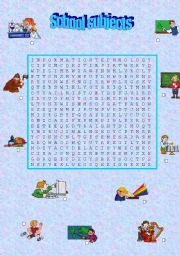 English worksheet: school subjects wordsearch