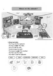 English Worksheet: Where are the animals? (B&W version) IN, ON, UNDER