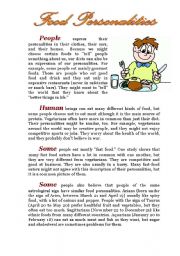 English Worksheet: Food Personalities Reading Comprehension