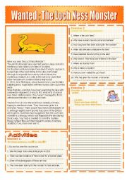 English Worksheet:  The Loch Ness Monster :READING AND GRAMMAR Series N 6