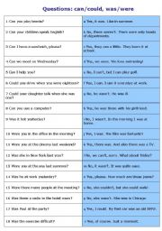 English Worksheet: Questions: can/could, was/were