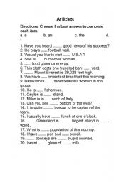 English Worksheet: Aritcles (a, an, the)