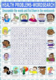 English Worksheet: HEALTH PROBLEMS - WORDSEARCH