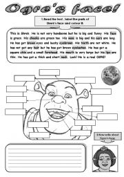 English Worksheet: OGRES FACE! - READING, WRITING, COLOURING AND MATCHING ACTIVITY.