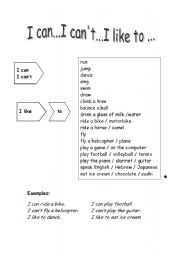 English worksheet: write with I can/ cant/ like to