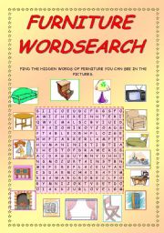English Worksheet: Furniture wordsearch + KEY