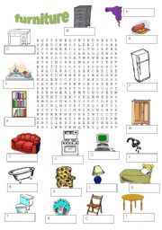 English Worksheet: Furniture word search
