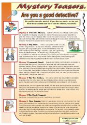 English Worksheet: MYSTERY TEASERS! PART 2 - reading activity -amazing detective brain teasers for you and your students (with keys)