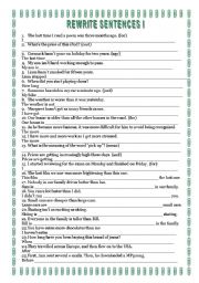 English Worksheet: REWRITE SENTENCES 1