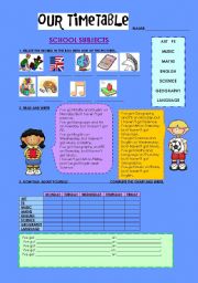 English Worksheet: school lessons and timetable