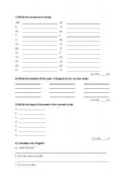 English worksheet: Test on days, months, numbers.