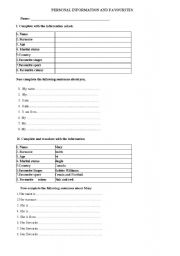 English worksheet: Personal information and Favourities