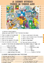 English Worksheet: A MESSY STUDIO- THERE + BE
