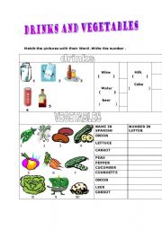 English worksheet: drinks and vegetables 