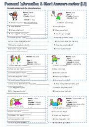 English Worksheet: Personal information & short answers revie (L2)