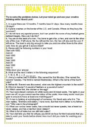 English Worksheet: BRAIN TEASERS