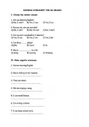 English worksheet: Worksheet about present continuous tense and can