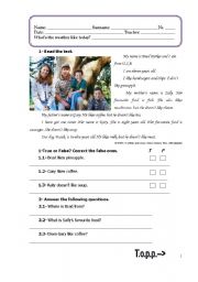 English Worksheet: revisions:likes and dislikes-reading and comprehending a tex, questions, exercises and writing a text with the given information