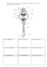 English worksheet: body parts and some prepostions