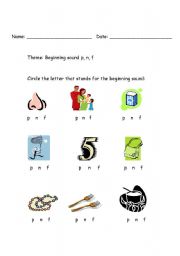 English worksheet: Beginning n, f, p sound