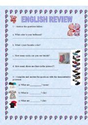 English Worksheet: Review - How many, this/that/these/those, clothes, prepositions, simple present, dictation etc