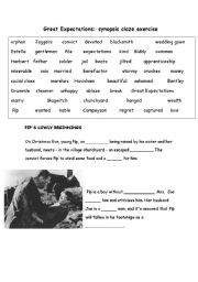 English worksheet: Great Expectations; cloze synopsis (fill in the blanks) pages 1-2