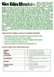 English Worksheet: THE TATRA MOUNTAINS- comprehensive reading excercise