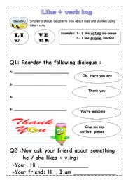 English worksheet: Like + verb ing