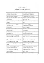 English worksheet: worksheet 1 useful expression in the class