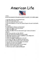 English worksheet: American Life Quiz