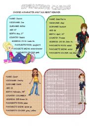 English Worksheet: Speaking Cards: verb to be, personal information, favourites